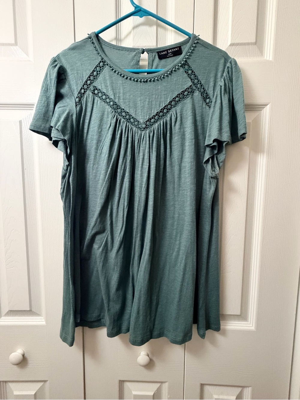 Lane Bryant: Teal-Green Crochet Yoke Flutter Sleeve Tunic Top